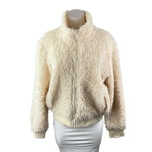 Newbury Kustom Cream Faux Sherpa Fleece Full Zip Long Sleeve Sweater Top Size L